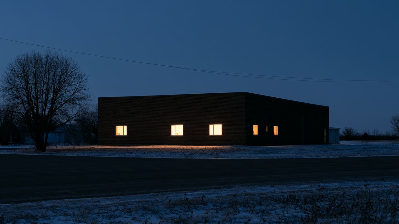 A low brick hall at dusk in winter, warm light in a row of small windows, thin snow on the ground.