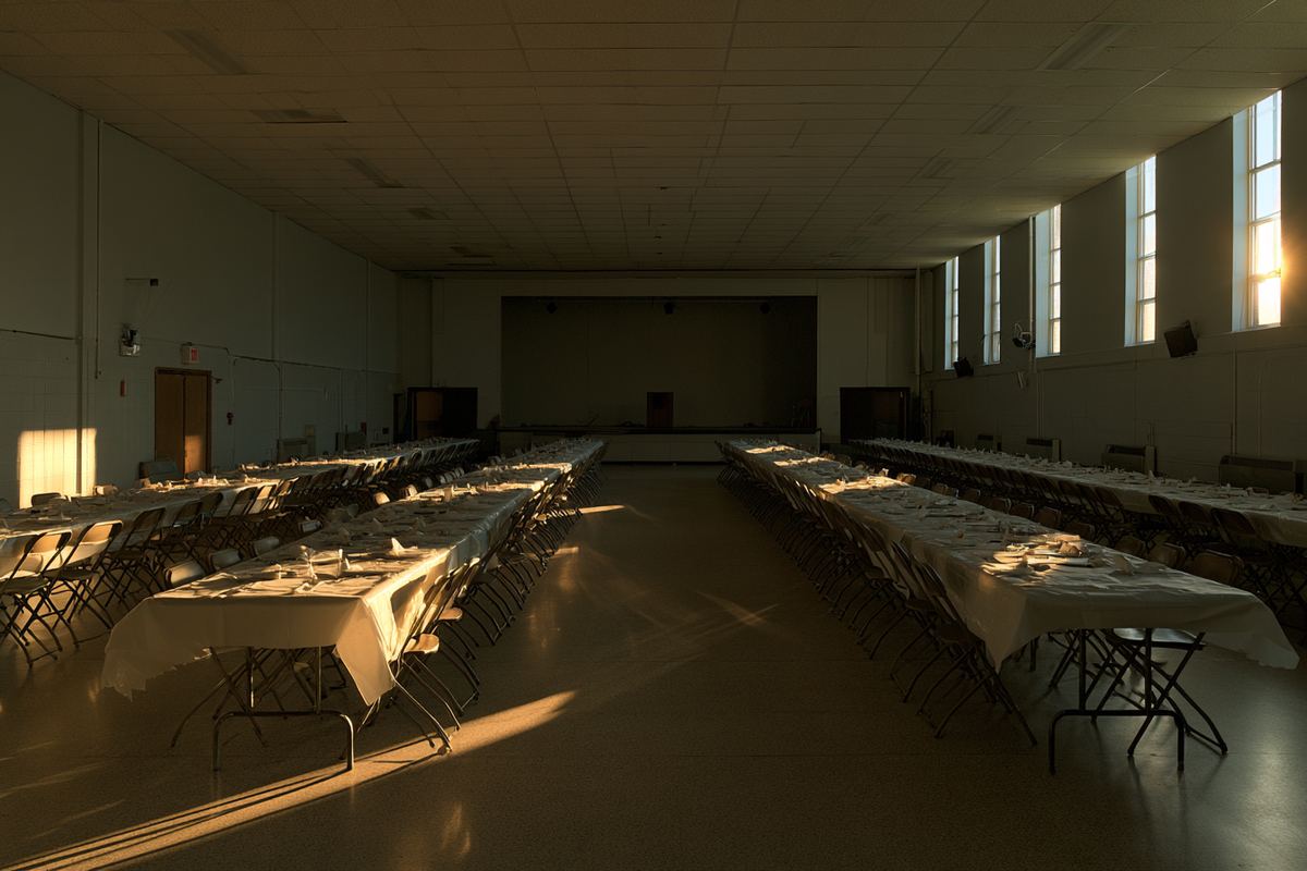 A community hall banquet room laid out for a supper: long folding tables under white cloths, rows of stacking chairs, a plain stage at the far end, late afternoon light across the floor.