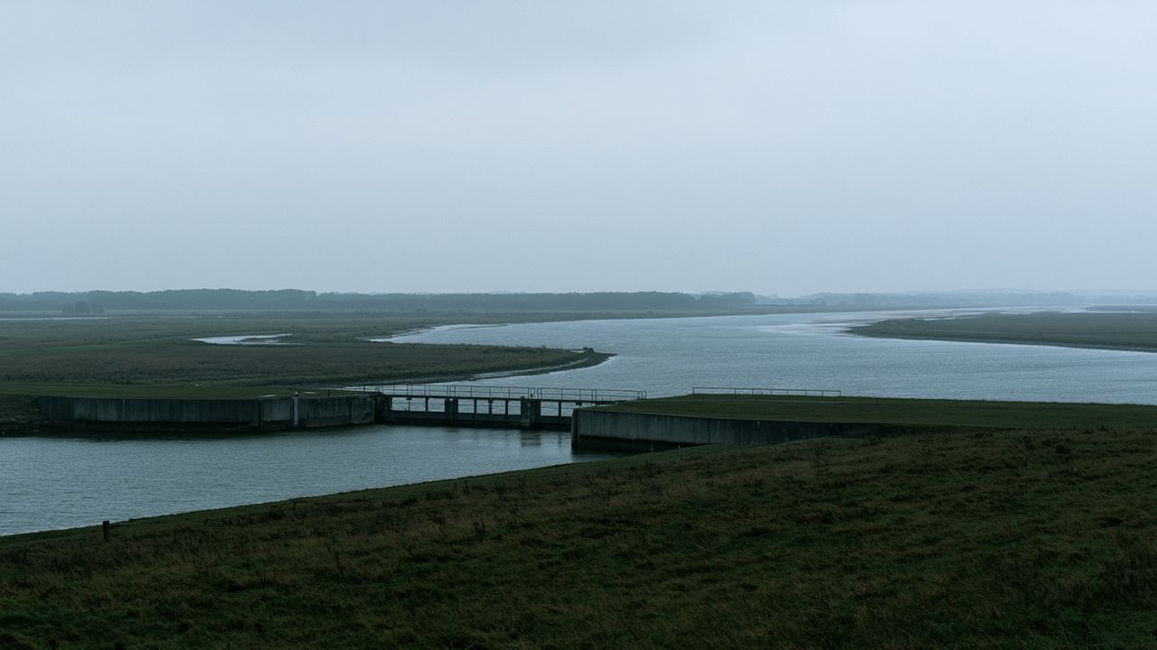 A wide slow river under pale overcast sky, with the concrete walls and low gates of a lock in the middle distance.